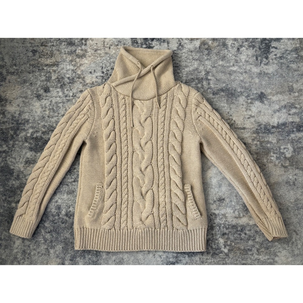 LL Bean Sweater Womens M Cream Pullover Cable Knit Chunky Mock Neck -fits like S